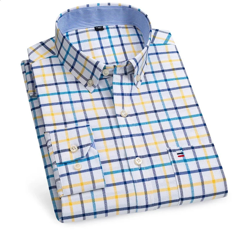 100% Pure Cotton Oxford Shirts for Men Long Sleeve Plaid Shirt Striped Male BusinessTartan Red Mans ner Clothes 250823