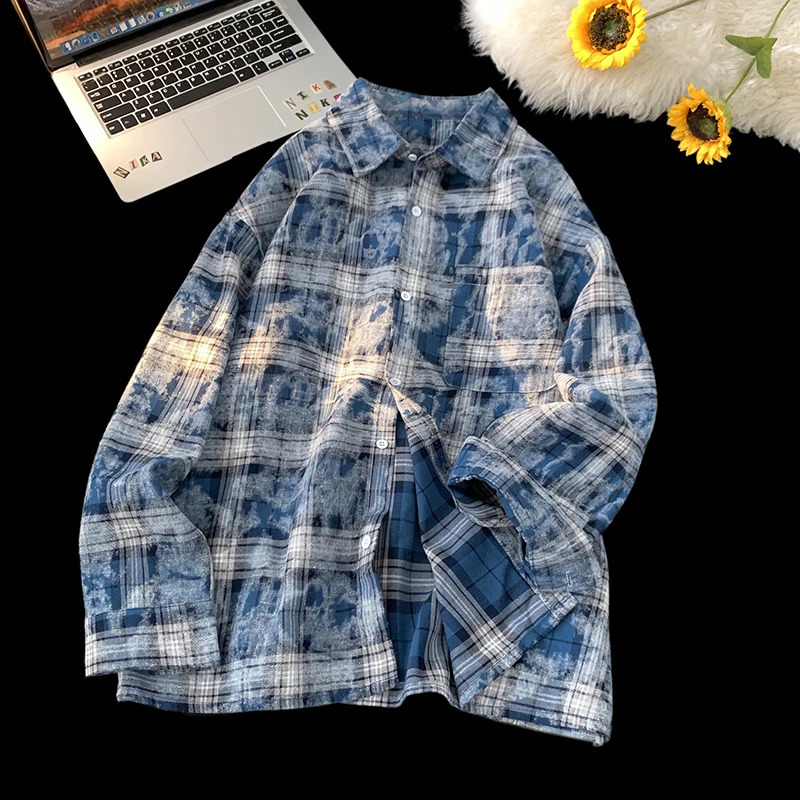 Retro Tie Dye Long Sleeve Plaid Shirt Jacket Streetwear Couple Blouse Relaxed Casual Shirts Men Women Casual Clothing 250823