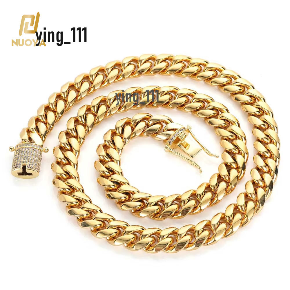 NUOYA Hip Hop Jewelry High Polish Stainless Steel Necklace with Moissaniate Clasp Gold Plated Cuban Chain Choker Necklace for Men Women