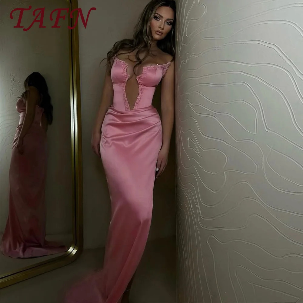 TAFN Pink Crystal Evening Dresses Sexy Sweetheart Mermaid Pleats Satin Dresses Women Prom Dresses Customized 250823