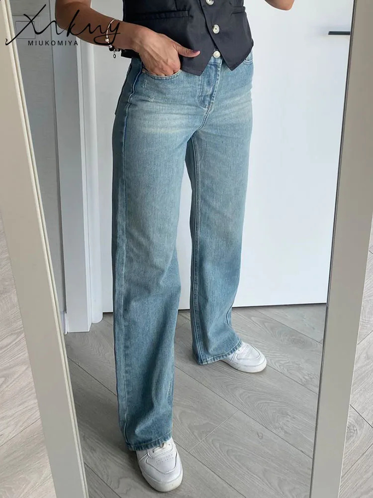 Jeans de jambe droite Miukomiya pour les femmes hautes taies gris long large pantalon denim vintage beoyfriend bleu automne 250823