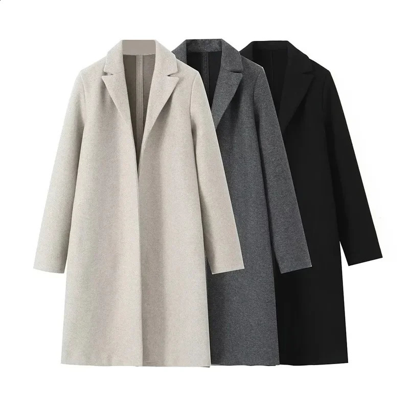Commute Style Loose Woolen Coat Long Lapel Pure Color Elegant Womens Fashion Autumn Arrival Outerwear Comfortable Fit 250819