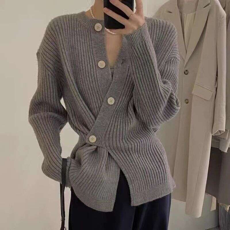 Knit Cardigan With Asymmetrical Side Buttons - Women's Fashionable Long-Sleeve Open Front Sweater For Autumn/Winter