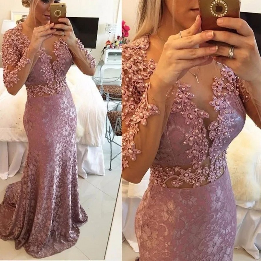 2026 Robes de soirée pour femmes roses appliques broderies à manches longues avec des femmes en dentelle de perle