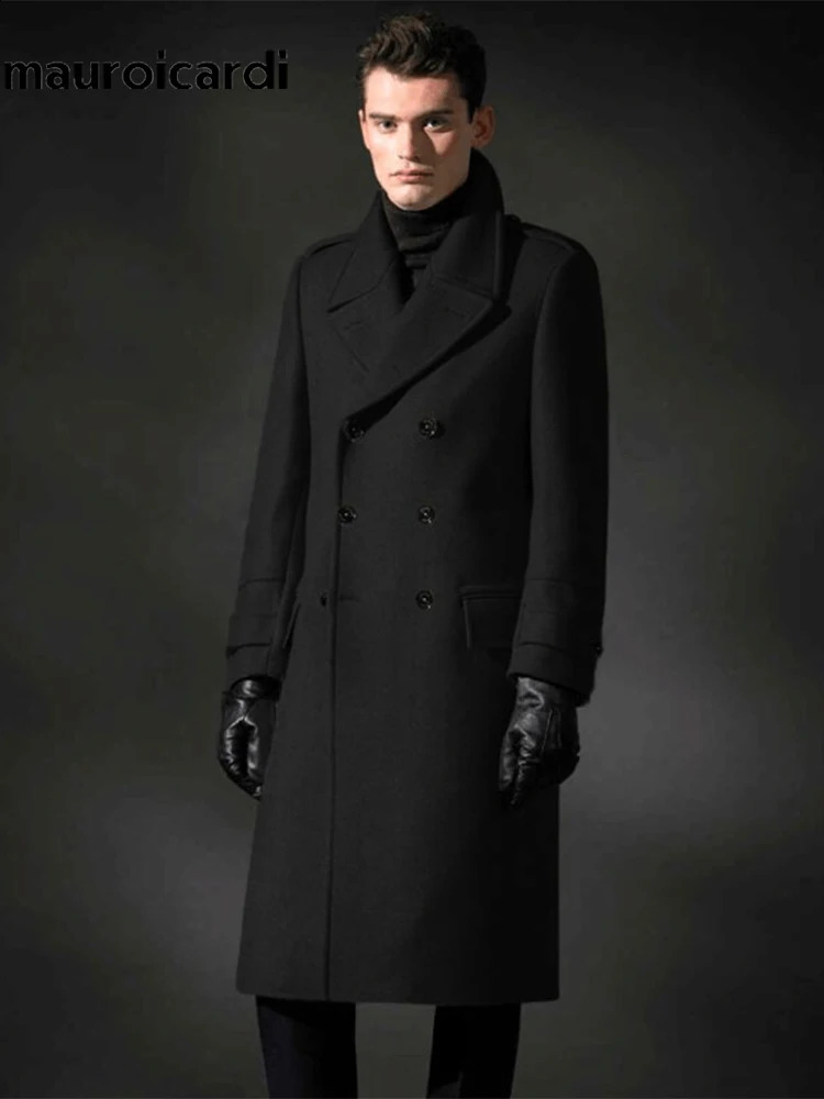 Mauroicardi Winter Long Warm Smart Casual Navy Blue Black Woolen Coat Men Double Breasted Wool Blends Overcoat 250823