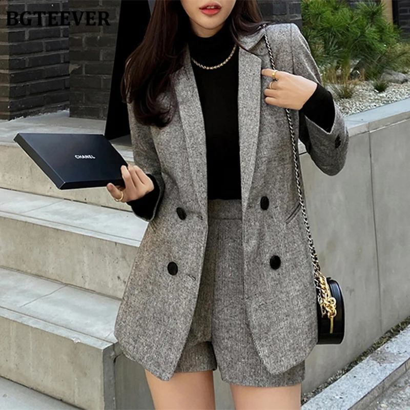 BGTEEVER Elegant Slim Female Short Suits Double Breasted Blazer Jackets Ladies Wide Leg Shorts Autumn Winter 250823