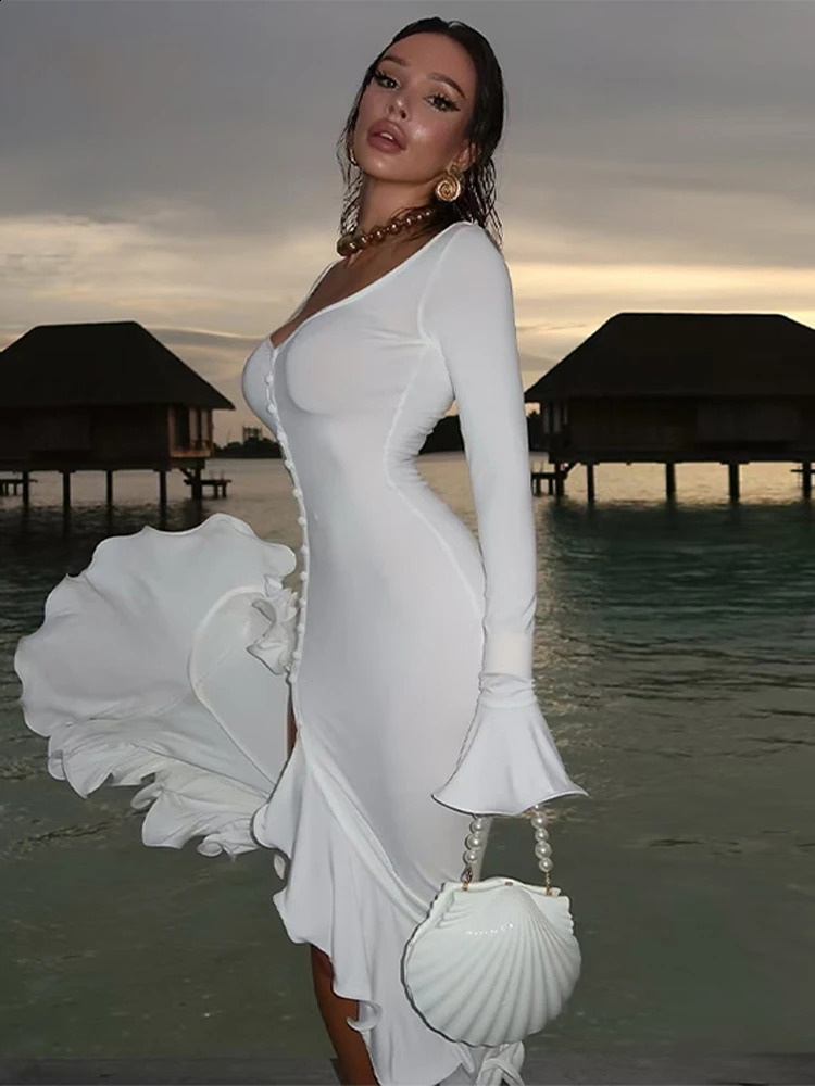 Deep V Ruffles Split Madi Dress Women Sexy Flare Long Sleeve Single Breasted Bodycon Irregular Party Dresses Chic Ladies Vestido 250823