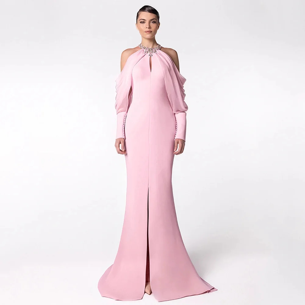 2026 Sexy Mermaid Prom Pageant Dress Halter Long Sleeves Crystal Buttons Pink Slit Satin Chiffon Evening Party Dresses Formal Gown robe de soiree
