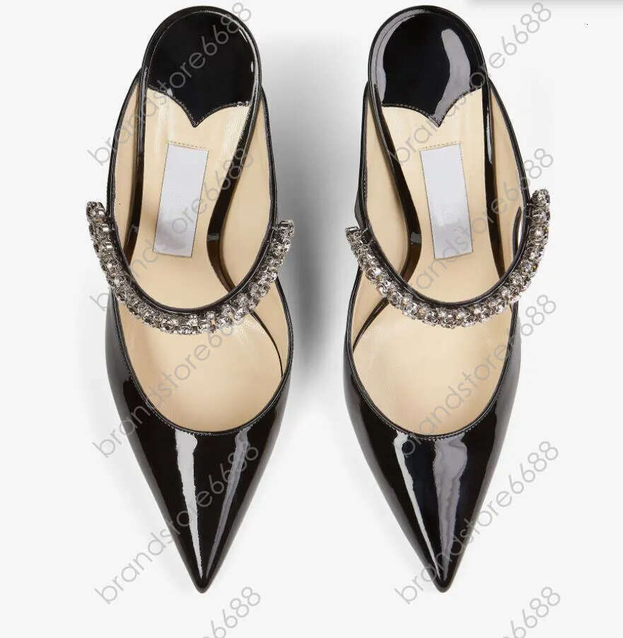 Women high heel bing sandal slide slipper mules shoes nude black patent leather Crystal Straps Stiletto Heels Sexy Pointed Toe Party Wedding dress p