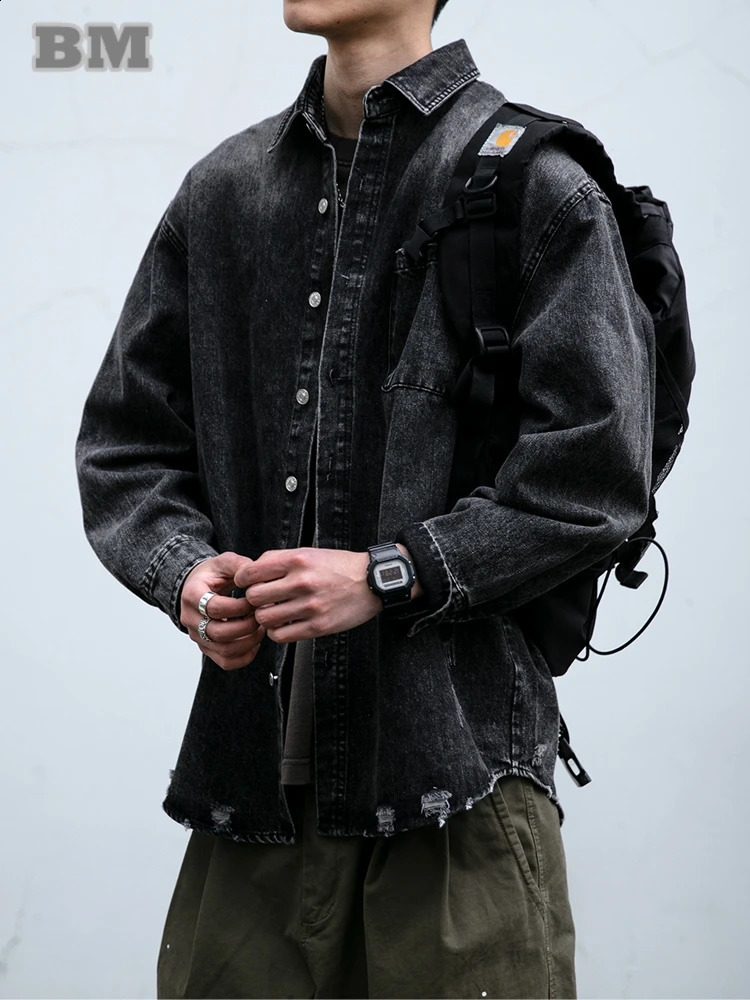 American Streetwear Wash Denim Shirts For Men Harajuku Casual MenS Clothing Vintage Blue Lapel Cargo Coat Korean Long Sleeve 250823