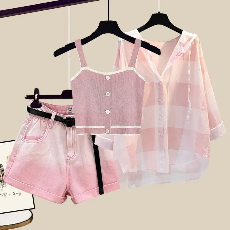 Womens Summer In Matching Set Korean Elegant Casual Checkered Shirtsuspenderdenim Shorts Three Piece Suit 250823