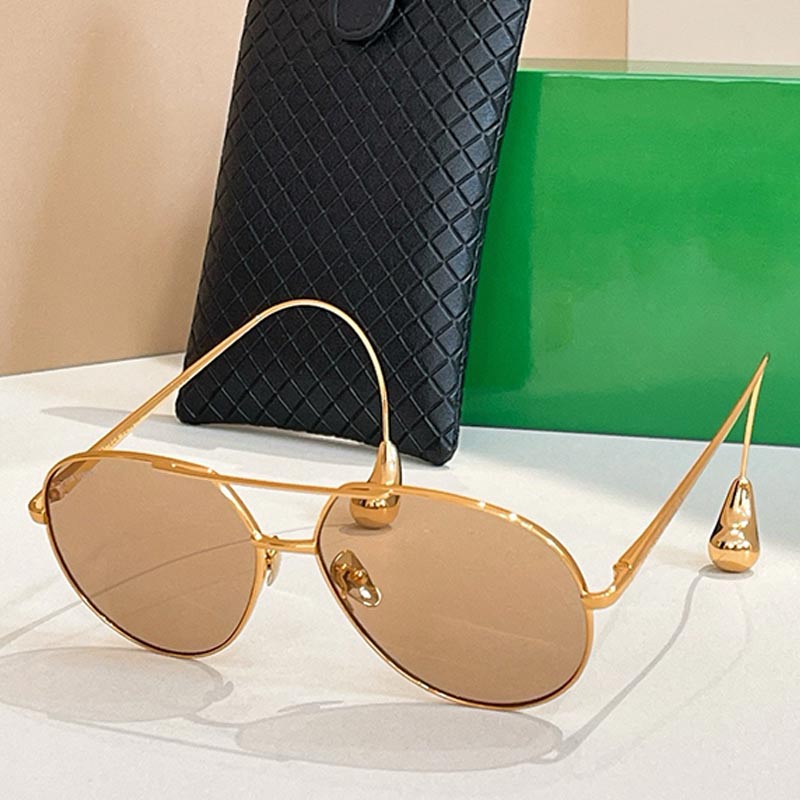 Designer Women Metal Drop Pilot Sunglasses BV1701 Oval Womens Mask Sunglasses Gold Metal Frame Drop Shaped Temple Tips Light Brown Lens UV400 Fashio