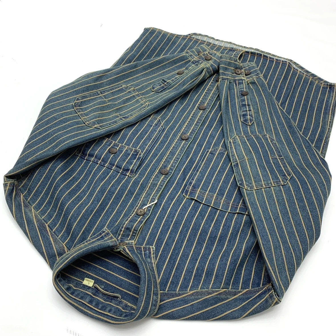 Heavy wash to make old striped shirt mens heavy chunky cargo denim jacket Autumn vintage Amei khaki coat 250823