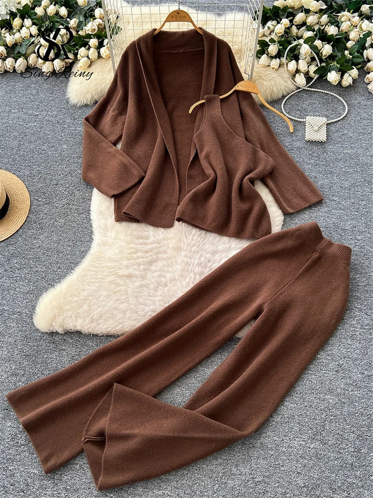 SINGREINY Winter Homewear Casual Women Suits Autumn Knit CardigansWide Legs Long Pants Ins Solid Loose Warm Three Pieces Sets 250823