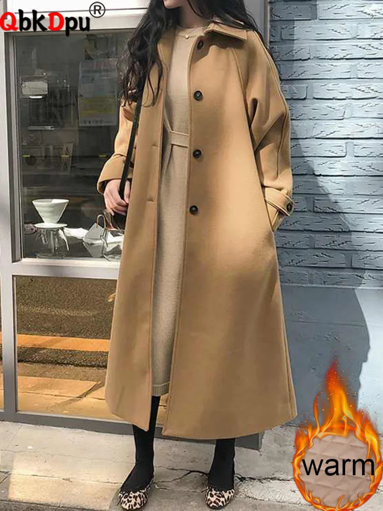 Women Elegant Woolen Thicken Jackets Winter Warm Lapel Neck Single Breasted Abrigos With Belt Korean Cotton Padded Lined Coats 250819