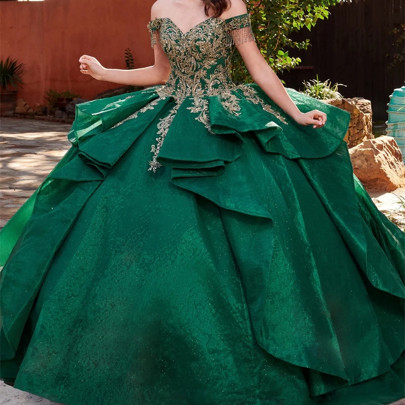 Robes de quinceanera brillantes vert émeraude Robe de bal sur l'épaule en dentelle d'or perle taul Tull sweet 16 robe vestido de 15 anos