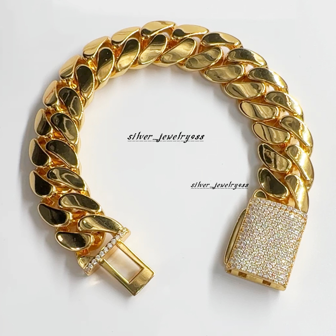 Hiphop Cuban Link Bracelet Plain 14k 18k Gold Plating 925 Silver Iced Out Clasp Miami Cuban Bracelet