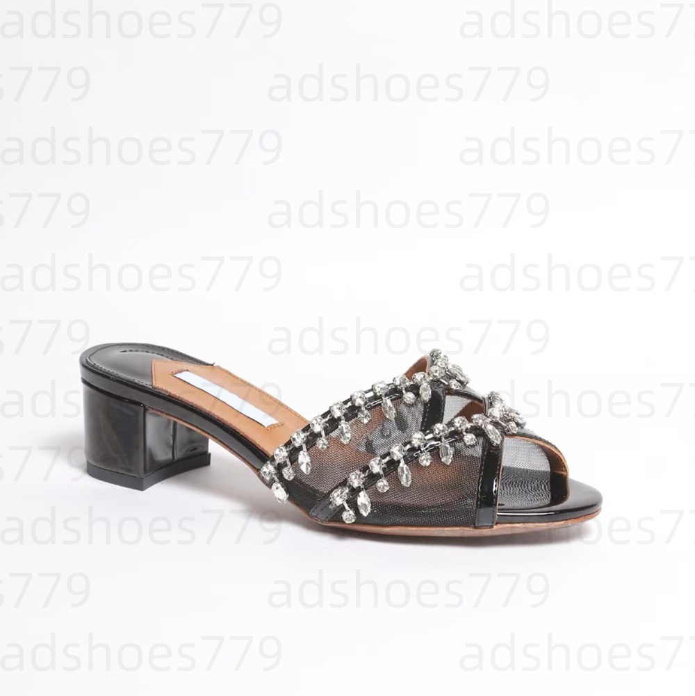 High quality women's chunky heel slippers slides mules flat shoes Rhinestone decoration block heel slippers Luxury designers heeled sandals fac