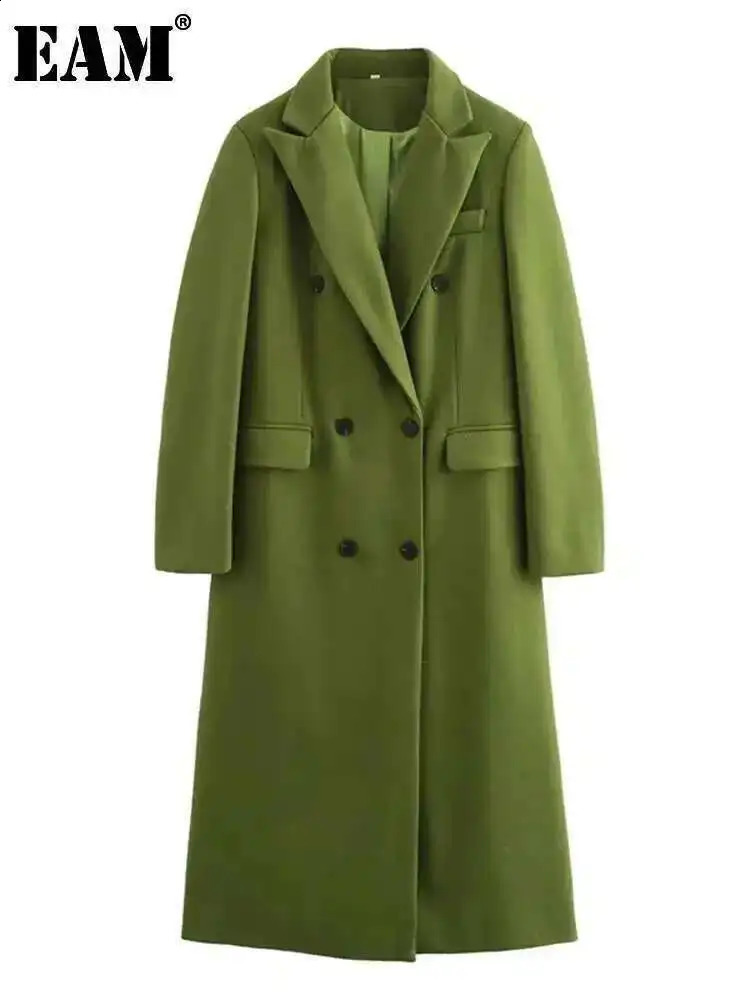 EAM Green Big Size Casual Woolen Coat Lapel Long Sleeve Double Breasted Women Jacket Fashion Autumn Spring 30A2709 250819