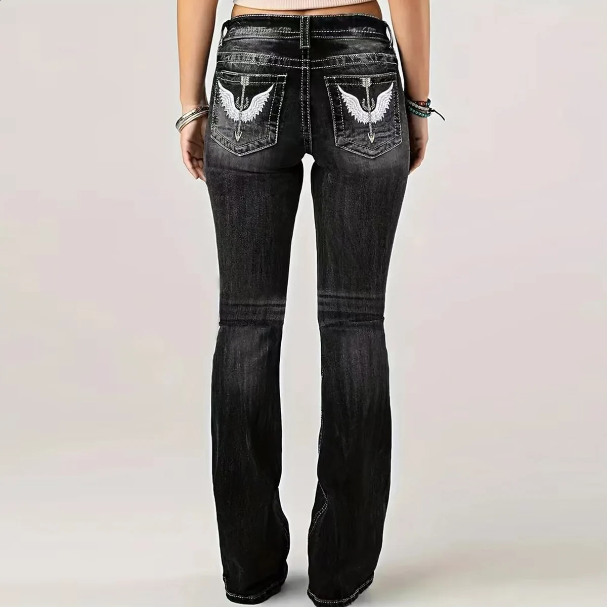 Womens high quality back bag printed jeans waist slimming flared pants 250823