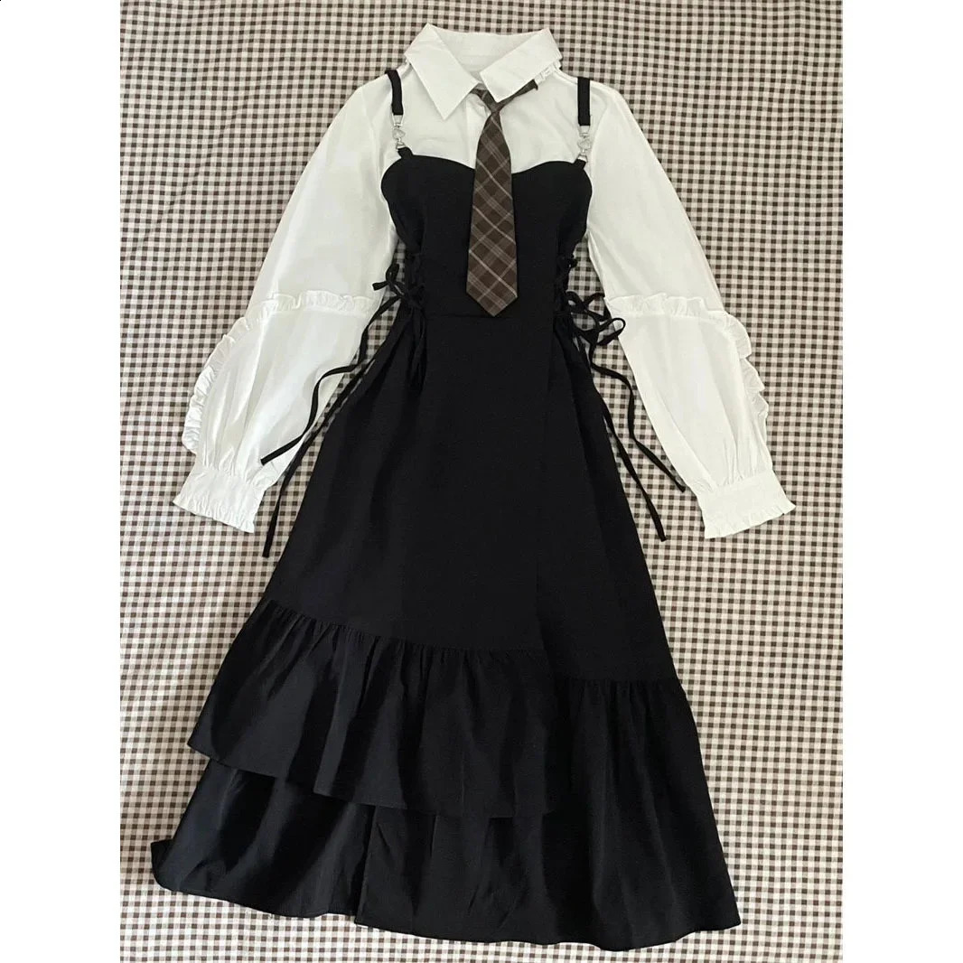 Ensemble de robe de taille de taille ajustée de style coréen Preppy Silmming Womens avec manchette à bras Slim Fit Backpack White Shirt 2 CiEE po
