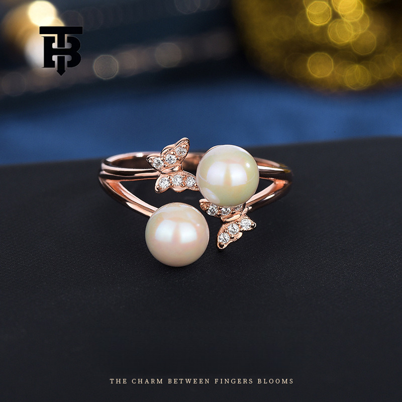 TB BHULAMTE S925 Pure Silver New Natural Freshwater Pearl Butterfly Shaped Women's Ring Korean Open Adjustable Ring Fashion Luxury Jewelry Free