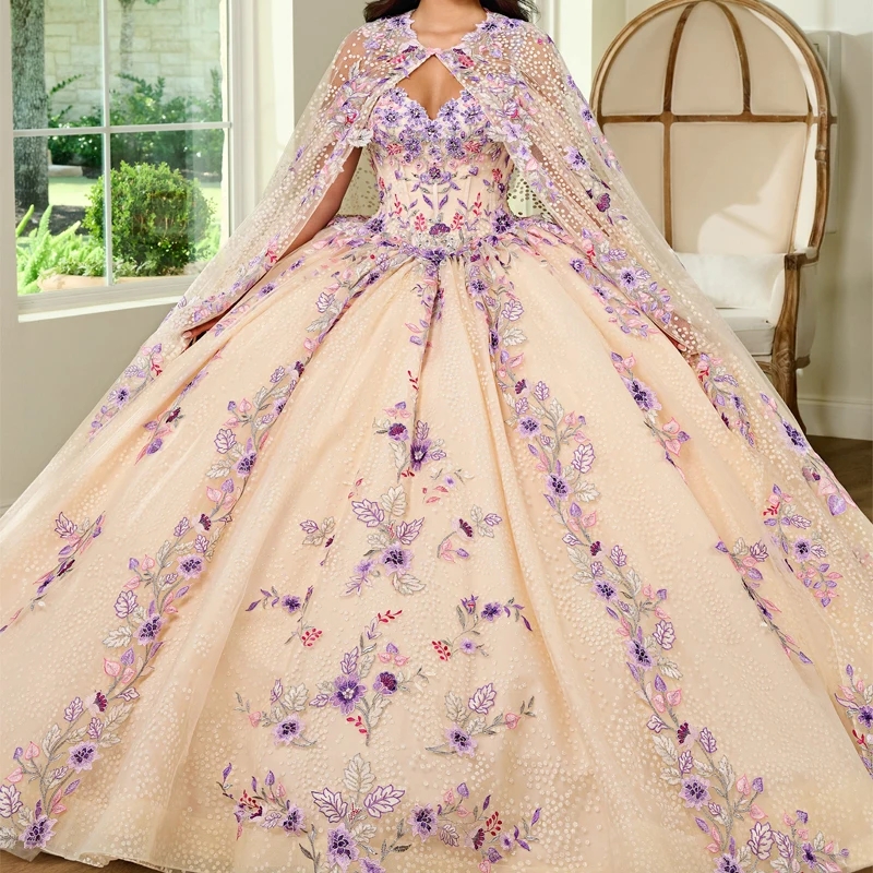 Champagne Robes de quinceanera brillantes robes de bal avec Cape Lace Applique perle tull corset sweet 16 robe vestido de 15 anos