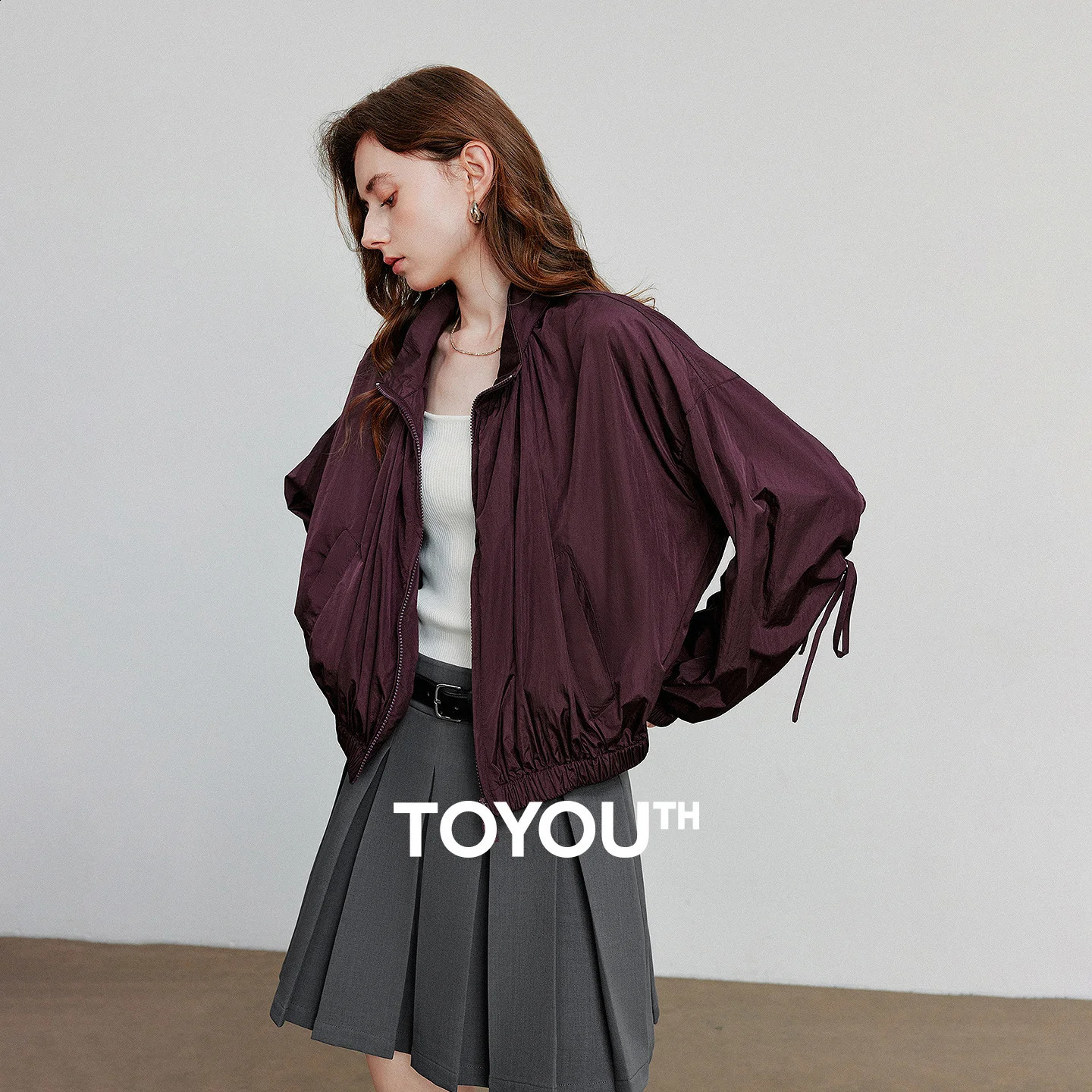 TOYOUTH Women Coat Autumn Old Money Style Sun Protection Stand Up Collar Jacket Coat Wine Red 250819