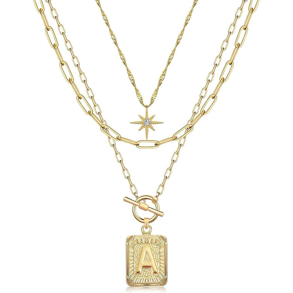 Layered Initial for Women Trendy, 14K Plated Simple Star Choker Square Letter Pendant Paperclip Chain Necklace, Gold Necklaces Jewelry Gifts