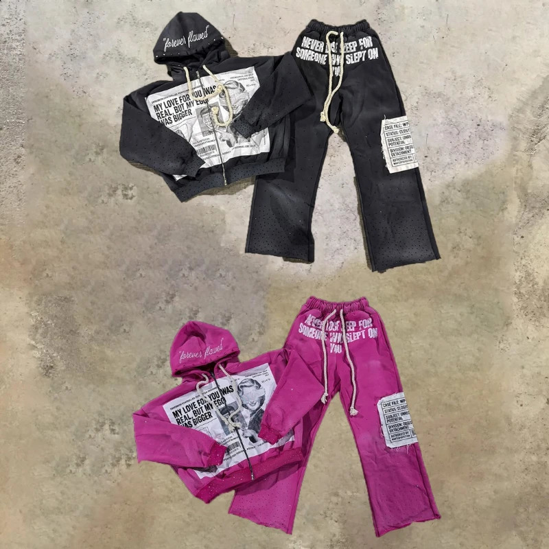Forever flawed vintage patchwork zip up hoodie Y2K diamond studded printed graphic sweatshirt classic unisex casual sweatpants 250823
