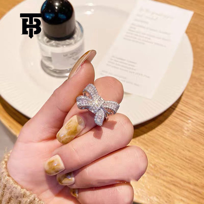 TB BHULAMTE Women's Fashion Accessories Luxury Designer Micro Inlaid Zircon Bow Sparkling Diamond Ring Niche High End Adjustable Open Ring Free