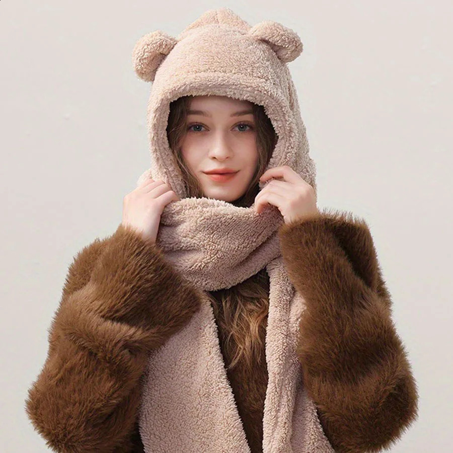 Cute Bear Ear Hat Fashion Winter Warm Comforts Polyester Thickened Plush Hoodie Hat Scarf Gloves Set Girl Kawaii Warm Casual Hat 250818