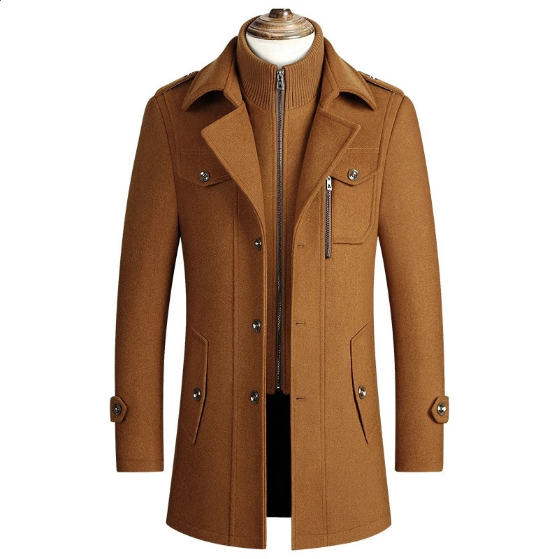 Autumn Winter Blends Woolen Coat Men Business Casual Slim Fit Jacket Double Collar Long Sections Peacoat Trench Palto Overcoat 250823
