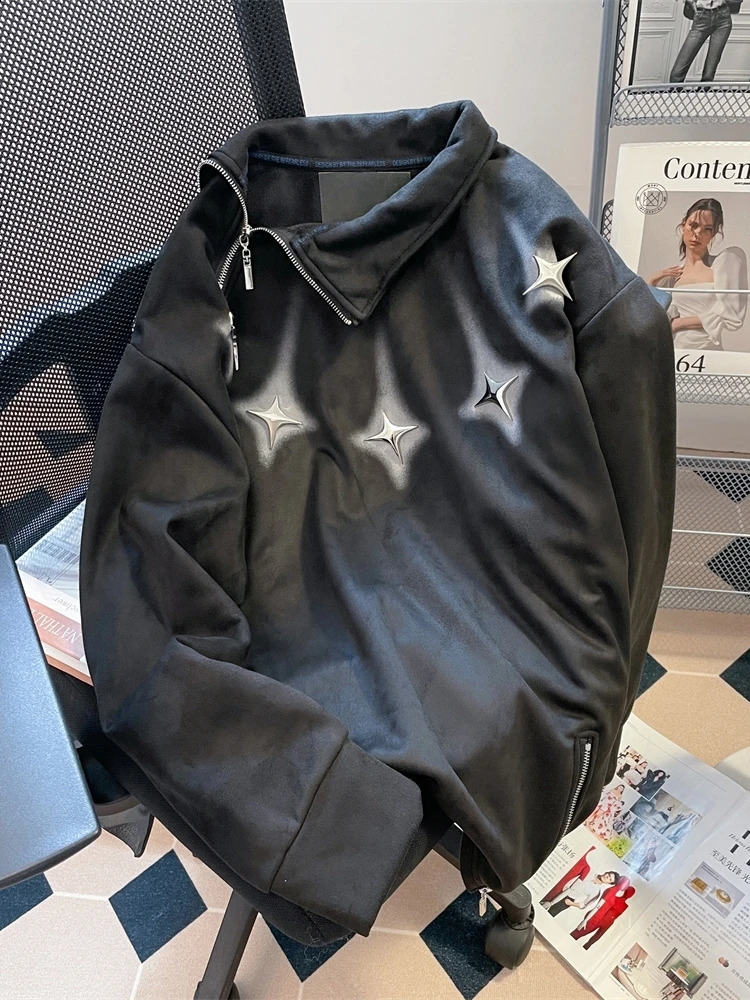 High Street Oversized Irregular Half Zip Hoodie For Men And Women Autumn And Winter American Style Stylish Suede Jacket 250818
