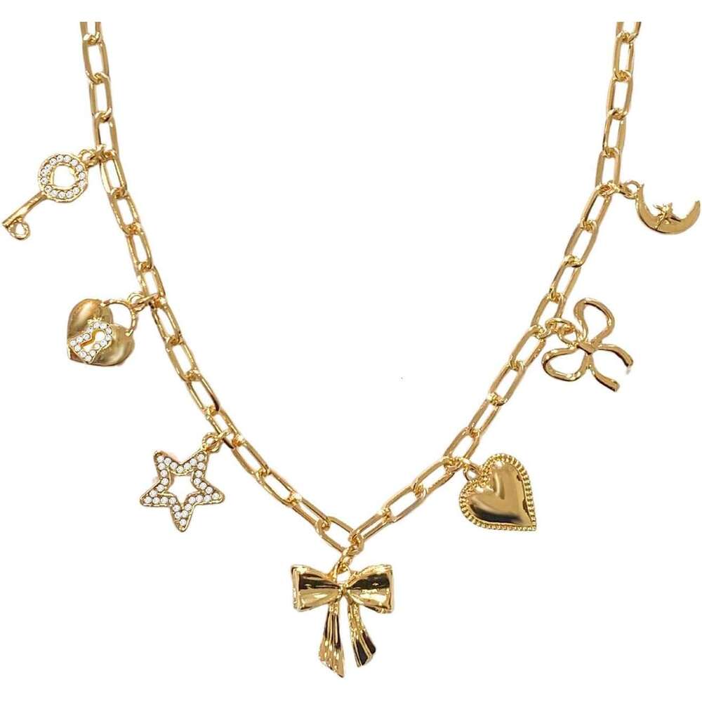 Charm Necklaces for Women, Plated Bow Pendant Necklace Gold Heart Chain Aesthetic Star Jewelry