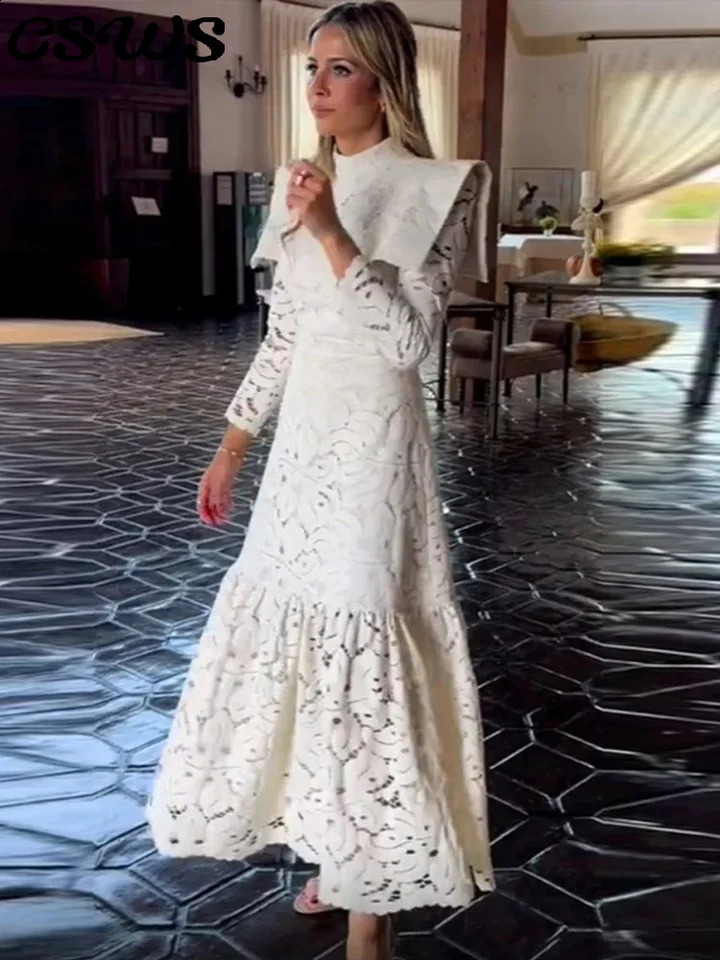 Elegant Hollow Out Long Dress Women High Collar Long Sleeve Slim Solid Dresses Autumn Summer Patchwork Lady Party Robe 250823