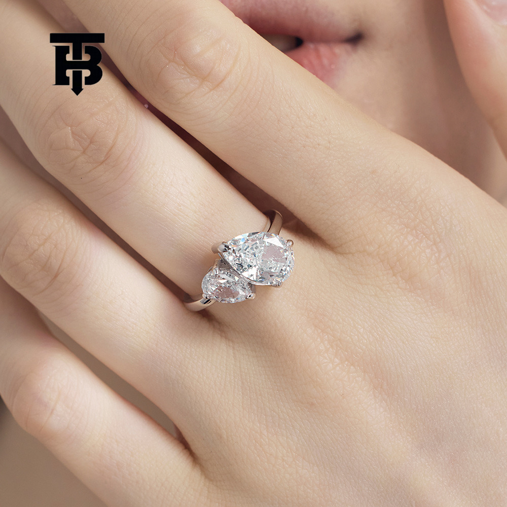 TB BHULAMTE S925 Designer Pure Silver Double Pear Shaped Zircon Women's Ring Super Shining 8A Ice Flower Cutting Jewelry Luxury Fashion Jewelry