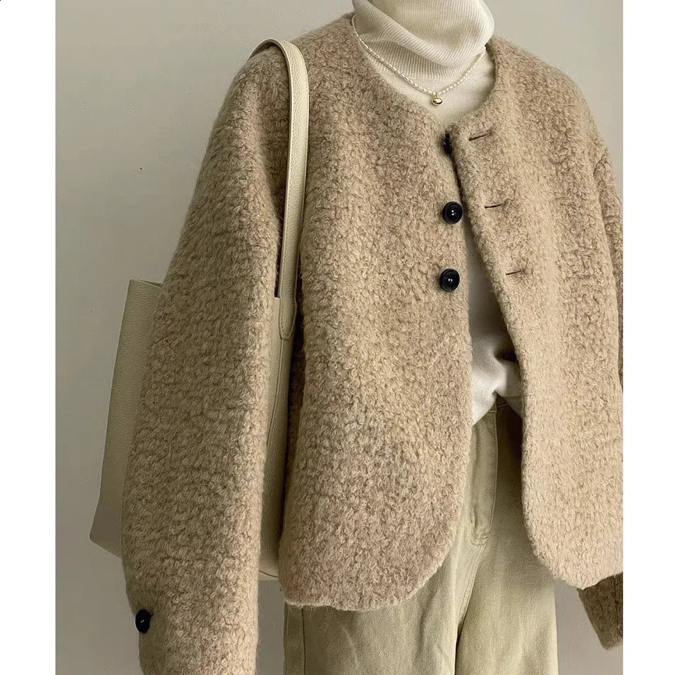 Korean Style Womens Short Lamb Velvet Soft Milk Tea Color Spring Autumn Jacket Small Size Age Reduction Beverage Color 250819