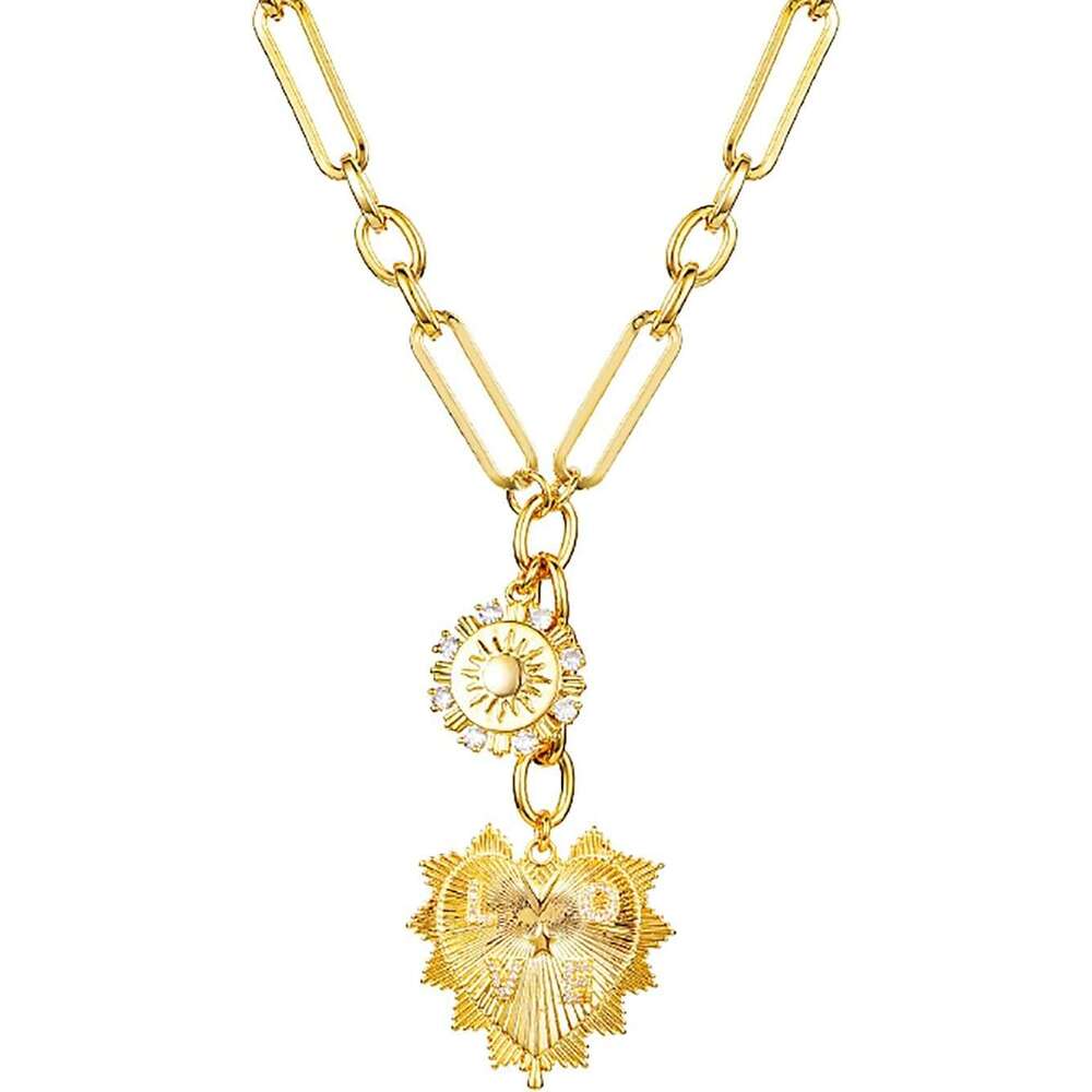 Sun Heart Charm Choker Men, Gold Plated with Zircon Inlaid Pendants, Thick Chunky Paperclip Hip Hop Necklace Unisex Jewelry, Cuban Link Chain for Wo