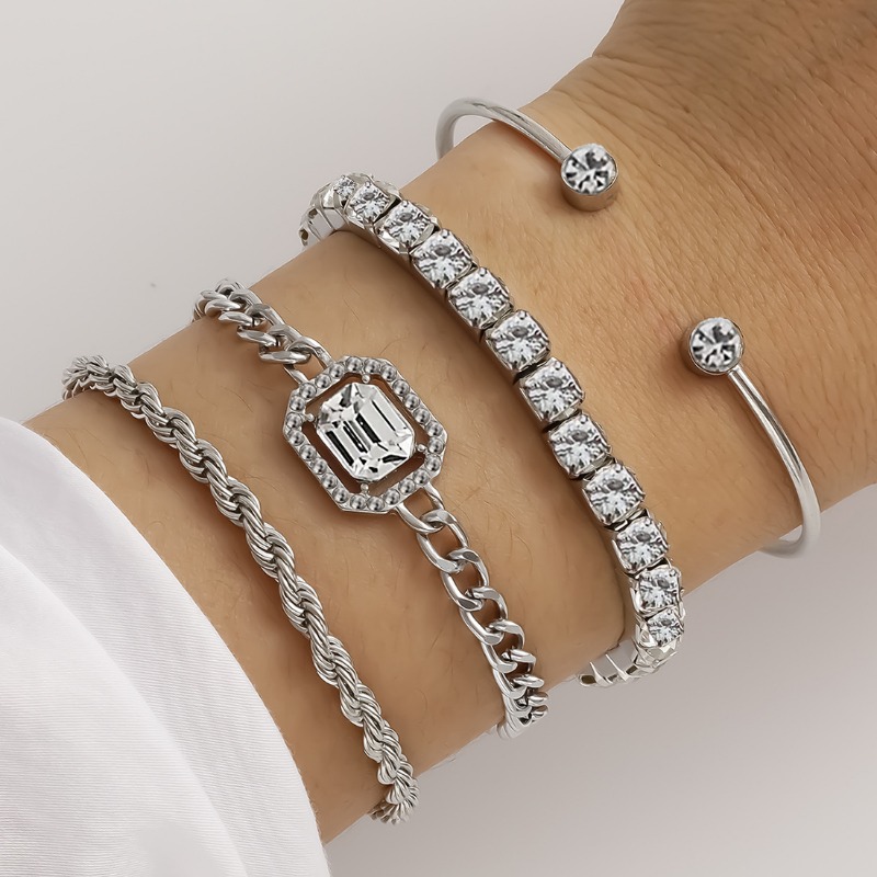 4 Pcs Dainty Gold Silver Bracelets Set for Women 14K Plated Link Cubic Zirconia Paperclip Stake Layering Chain Trendy Hand Jewelry