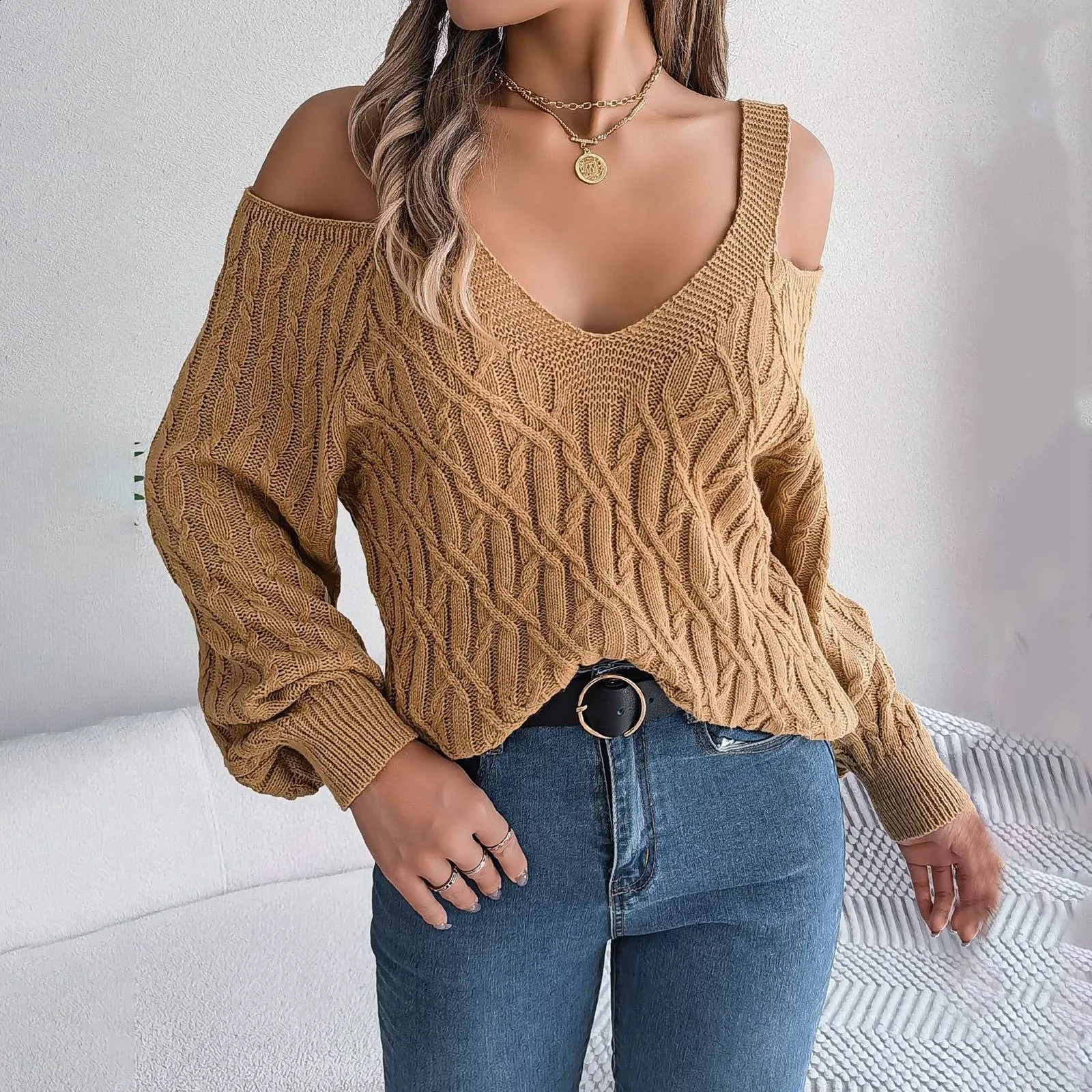 Womens Fall Winter Off Shoulder Cable Knitted Sweater Long Sleeve V Neck Pullover Tops Sexy Relaxed Fit Sweater Knitwear 250823