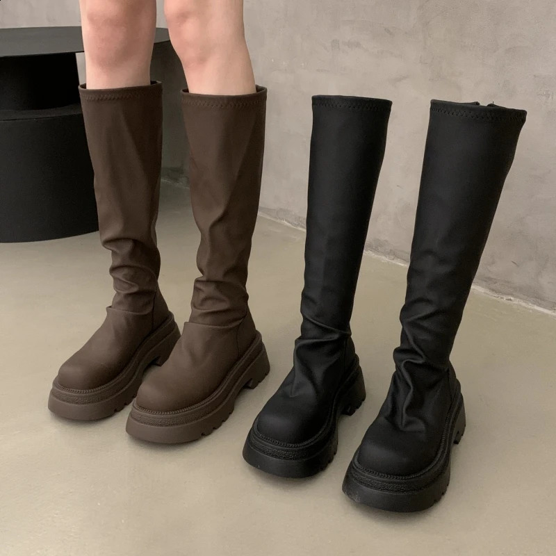 Autumn Winter Cosy Soft Leather Woman Knee High Boots Round Toe Long Booties Square Heels Shoes 250821