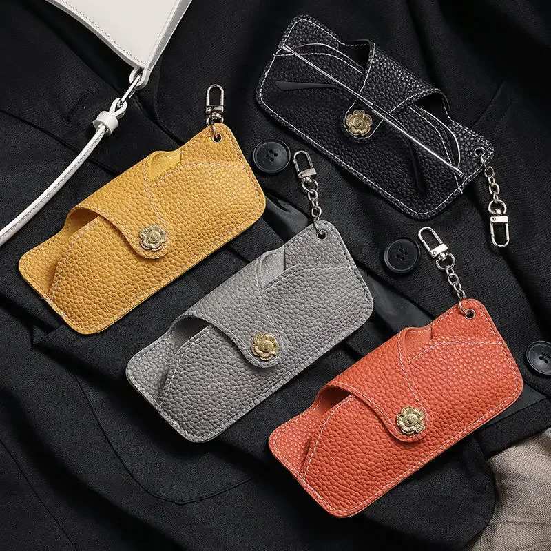 Solid Color Fashion Genuine Leather Glasses Bag Glasses Case Men Women Portable Sunglasses Protective Cover with Keychain 250821