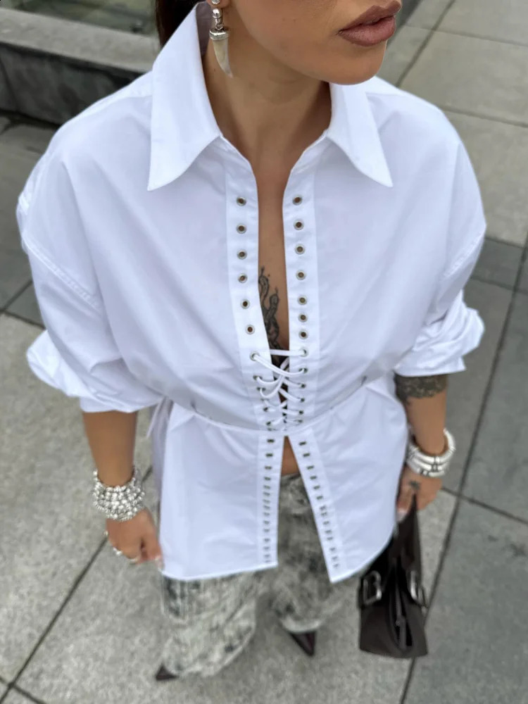 Fashion Lapel Long Sleeve Shirts Blouses For Women Autumn Weave Drawstring Blouse Lady Holiday Street Chic Tops Ropa De Mujer 250823