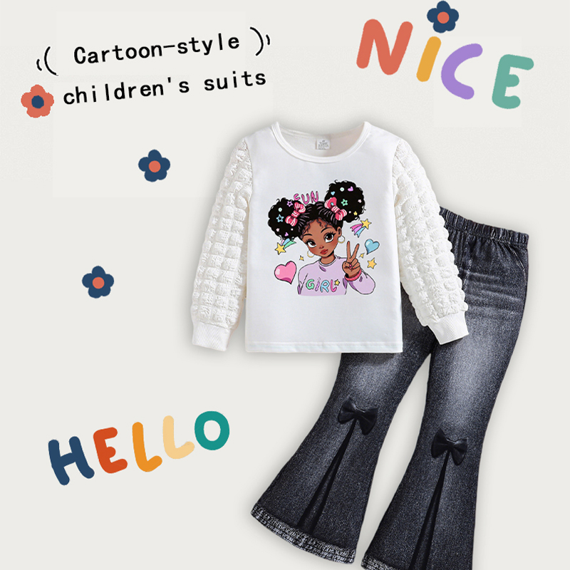 Girls' Set with Round Neck Bubble Sleeve Top & Bell Bottom Denim Pants white top - KJ1C4230A-image-1072344555