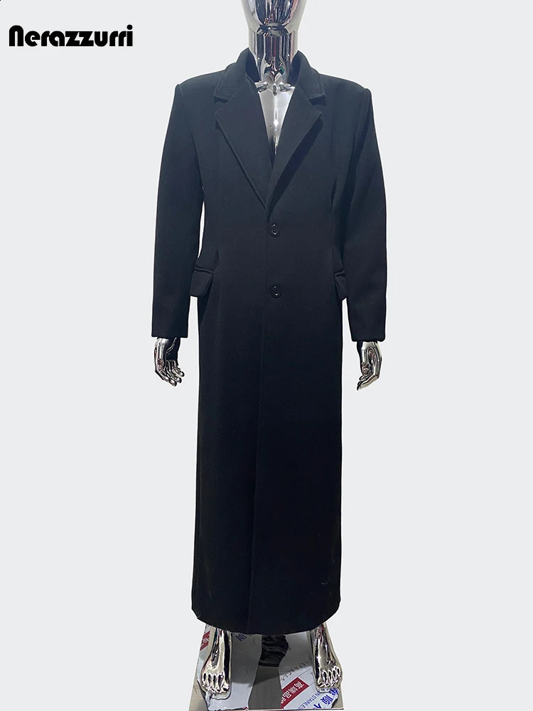Nerazzurri Autumn Winter Extra Long Elegant Black Soft Warm Woolen Coat for Men Single Breasted Wool blends Overcoat 250823