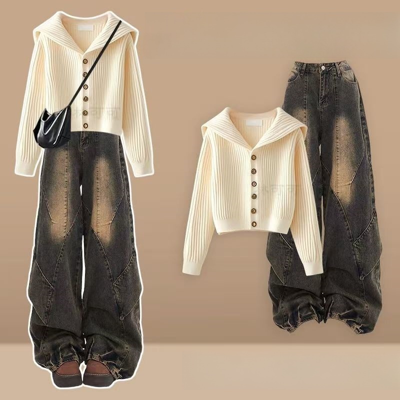 Designer pants women's set 2025 autumn new set a complete set of fashionable temperament Korean version design sense top paired with jeans two-