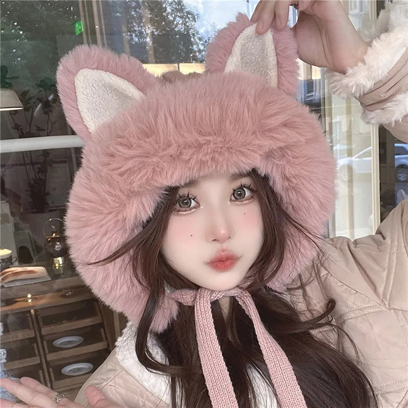Fox Ear Hat Female Winter Sweet and Cute Knitted Woolen Lei Feng Hat Plush Thick and Warm Northeast Mongolian Hat Ear Protection 250818