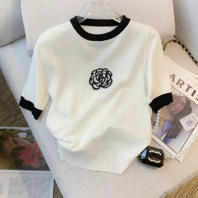 Camelia Jacquard Ice Silk Knitted Sweater Tshirt Women Summer Elegant Vintage Fashion Knitwear Tees Short Sleeve Oneck Top
