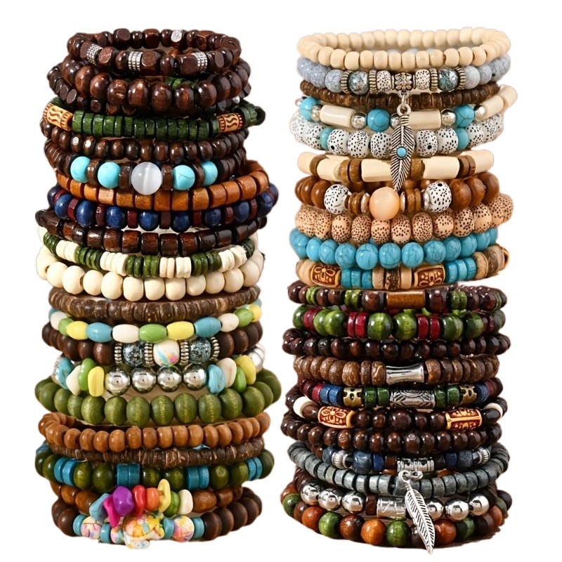 Bohème Bracelet de perle fait à la main avec bracelet de combinaison de filetage élastique à perles en bois 42 pièces